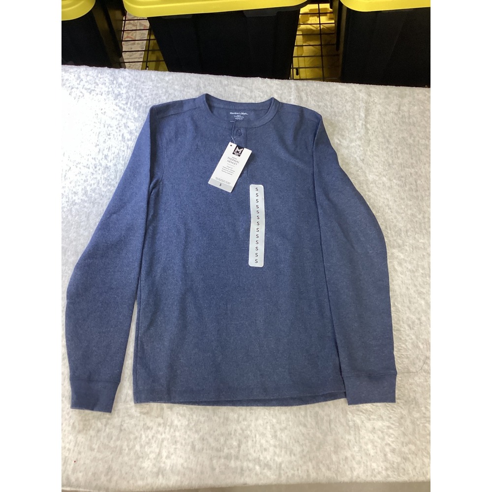 Members Mark Mens Thermal Henley Shirt Blue Waffle Knit Long Sleeve S MMTHFA2502